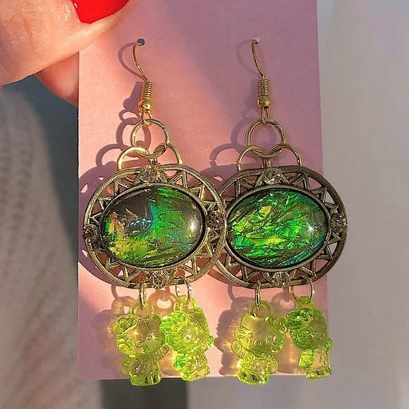 Dragon eye snake hello kitty Green Gold Dangle Earrings - Picture 1 of 4